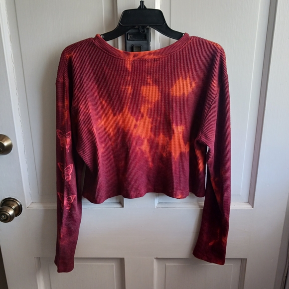 Truly Madly Deeply Red Orange Tie-Dye Cropped Waffle Knit Top Butterfly Sleeves - Picture 4 of 4